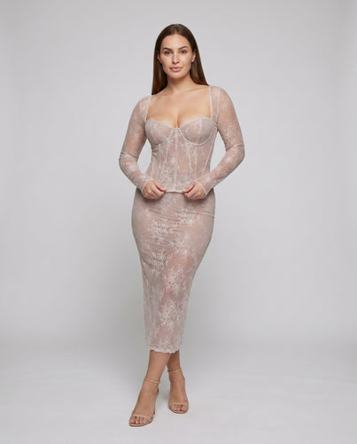 Damen figurbetontes Spitzenkleid mit langen Ärmeln und detailreicher Schnürung R&B