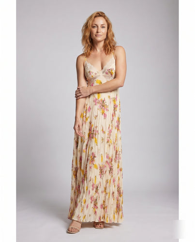 Damen langes, blumiges Sommerkleid mit zarten Trägern und Raffungen R&B