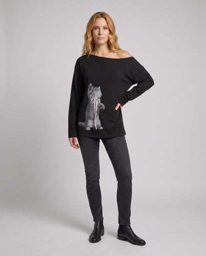 Damen Lässiges T-Shirt mit Katzenmotiv und raffinierter Schleifenverzierung R&B