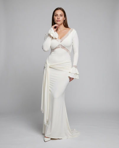 Damen Maxikleid mit eleganter Spitzenborte und voluminösen Ärmeln R&B