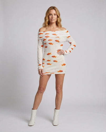 Damen Off-Shoulder Minikleid mit Fischmotiv und langen Ärmeln R&B