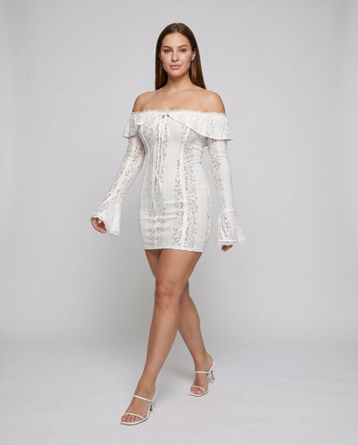 Damen Off-Shoulder Spitzenkleid mit Rüschendetails R&B