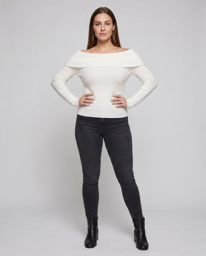 Damen Off-Shoulder Strickpullover mit Rippenstruktur und weitem Kragen R&B