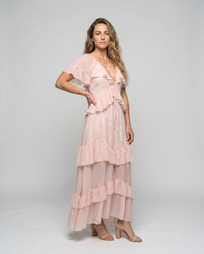 Damen romantisches Kleid mit Rüschendetails und transparenten Ärmeln R&B