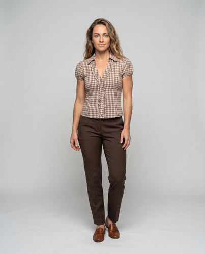 Damen Rüschenbluse im Karo-Design mit Kurzarm R&B