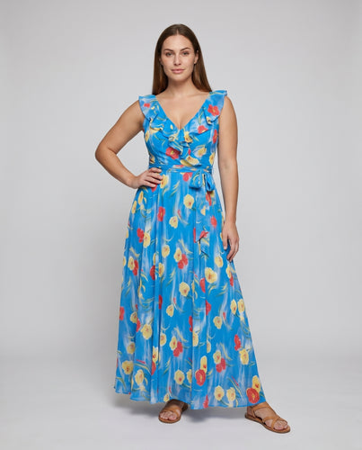Damen Sommerliches Maxikleid mit floralem Design und Rüschenträgern R&B