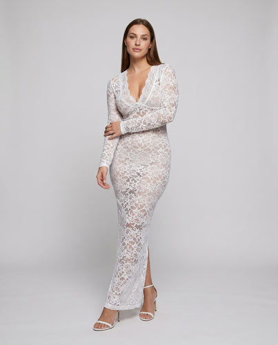 Damen Spitzenkleid mit tiefem V-Ausschnitt und langem Schnitt R&B