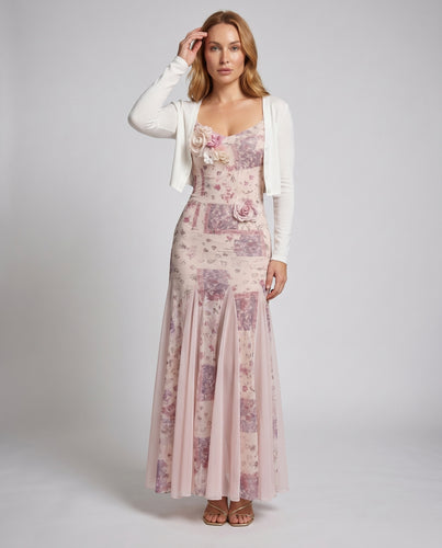 Damen Elegantes Maxikleid mit floralen Applikationen und schwingendem Rock R&B