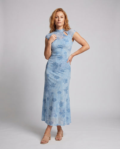 Damen elegantes Sommermaxikleid mit floralem Muster und modernem Stehkragen R&B