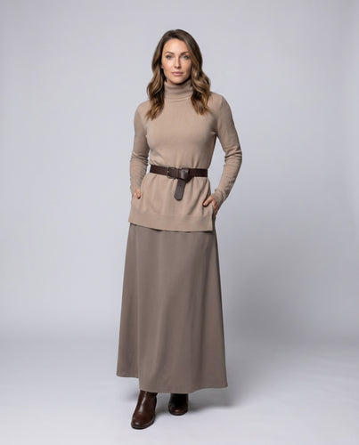 Damen elegantes und modisches Maxi-Kleid mit hohem Kragen und Gürtel R&B