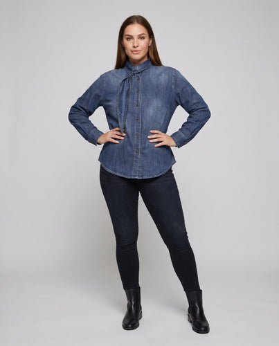 Damen Jeansbluse mit verspieltem Bindegürtel R&B