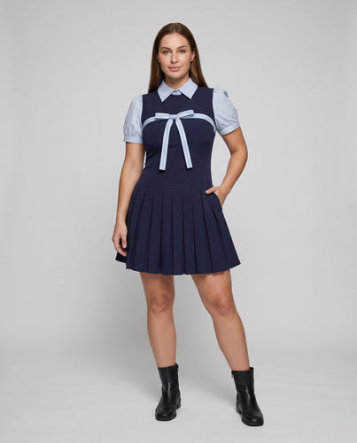 Damen Kurzes Plisseekleid mit modischem Hemdkragen und seitlicher Schleife R&B