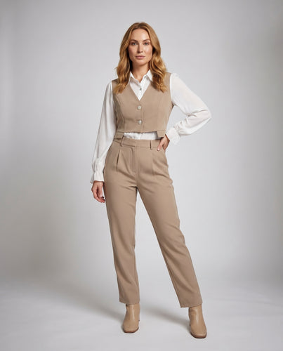 Damen Elegantes Kleidungsensemble mit taillierter Weste und luftiger Bluse R&B