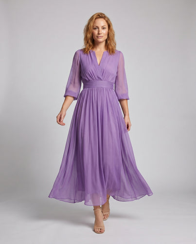 Damen Elegantes Midikleid aus fließendem Chiffon mit tailliertem Schnitt R&B