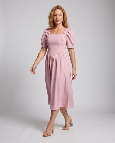 Damen elegantes Midikleid mit voluminösen Ärmeln und taillierter Passform R&B