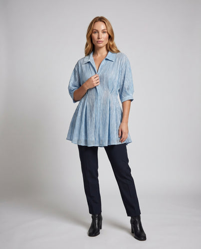 Damen Fließendes Hemdblusenkleid mit Struktur und voluminösen Ärmeln R&B