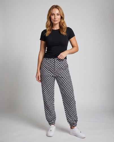 Damen Karottenhose mit Schachbrett-Muster und elastischem Bund R&B