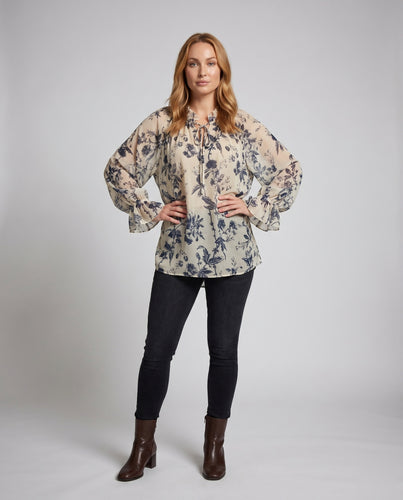 Damen Leichtes Floral-Oberteil mit voluminösen Ärmeln und Rüschendetails R&B