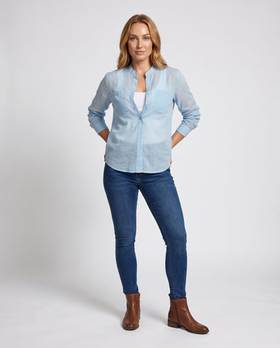 Damen luftige Bluse mit Knopfverschluss und praktischen Taschen R&B