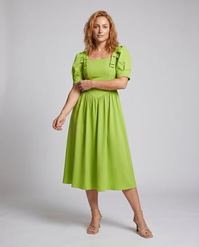 Damen Midi-Kleid mit eleganten Puffärmeln und dekorativen Schulterriemen R&B
