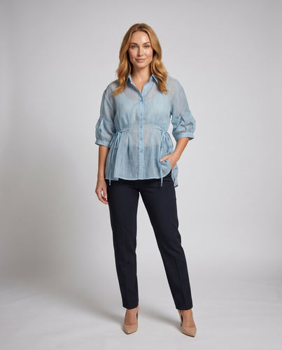 Damen Trendige Hemdbluse mit modischen Puffärmeln und Taillenzug R&B