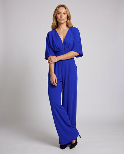 Damen Eleganter Jumpsuit mit weitem Bein und tiefem V-Ausschnitt R&B