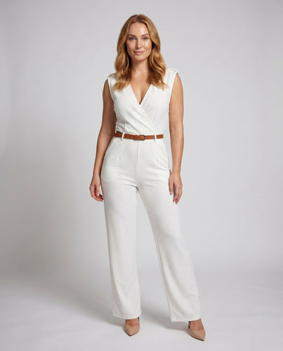 Damen Eleganter Jumpsuit mit weitem Bein und V-Ausschnitt R&B