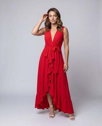 Damen Elegantes Maxikleid mit Volant und tiefem V-Ausschnitt R&B