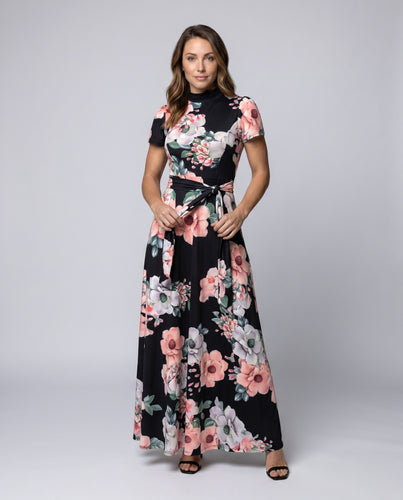 Damen Elegantes Maxikleid mit zartem Blumendruck und Wickelgürtel R&B