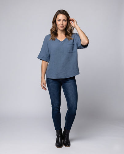 Damen lässige Shirtbluse mit V-Ausschnitt und Brusttasche R&B