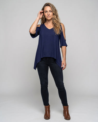Damen Lässiges Blusenshirt mit speziellen Schulterauschnitten und schwingendem Saum R&B
