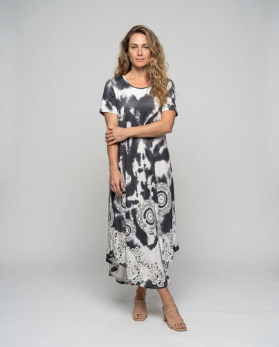 Damen Lässiges Maxikleid mit einzigartigem Batik-Design und romantischen Spitzenakzenten R&B