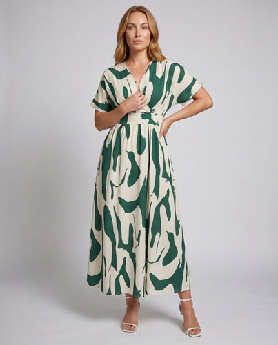 Damen Maxikleid mit elegantem Wickeldesign und grafischem Muster R&B