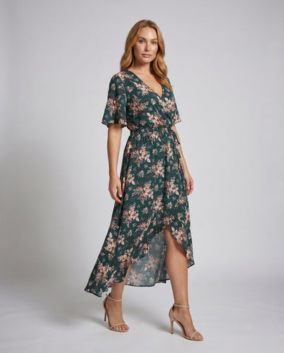 Damen Maxikleid mit floralem Design und elastischem Taillenbund R&B