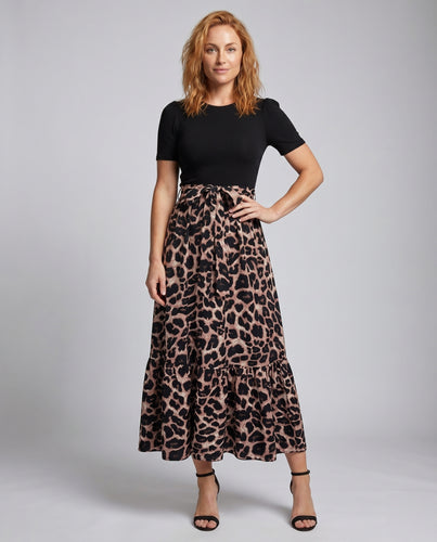 Damen Maxikleid mit Puffärmeln und Leopardenmuster R&B
