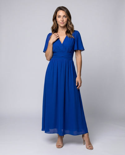 Damen Maxikleid mit voluminösen Ärmeln und tiefem V-Ausschnitt R&B