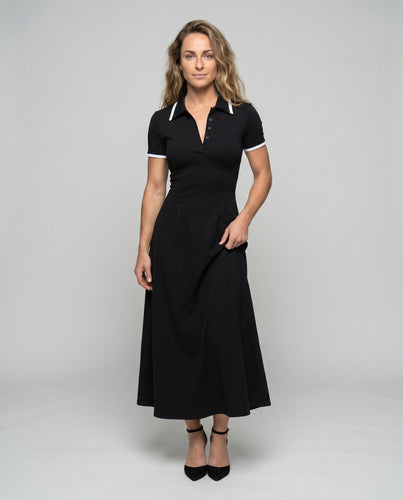Damen Polo Maxikleid mit asymmetrischem Saum und eleganten Details R&B