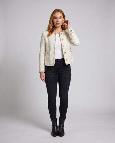 Damen Elegante Bouclé-Jacke mit goldenen Knöpfen und dekorativen Taschen