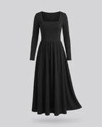Damen Elegantes Langarm-Maxikleid mit quadratischem Ausschnitt und schwingendem Saum
