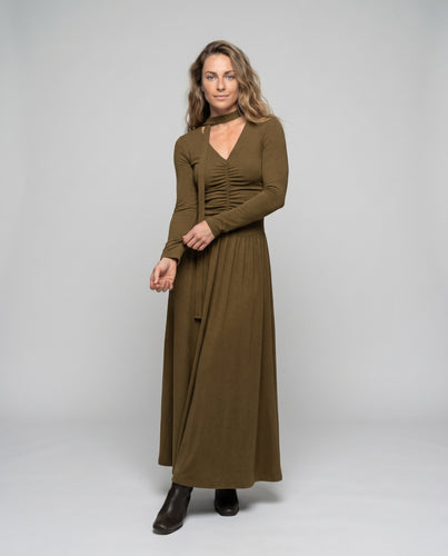 Damen elegantes langes Kleid mit tiefem V-Ausschnitt und schmalen langen Ärmeln