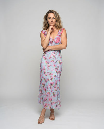 Damen Elegantes Maxikleid mit floralen Applikationen und feinen Rüschendetails