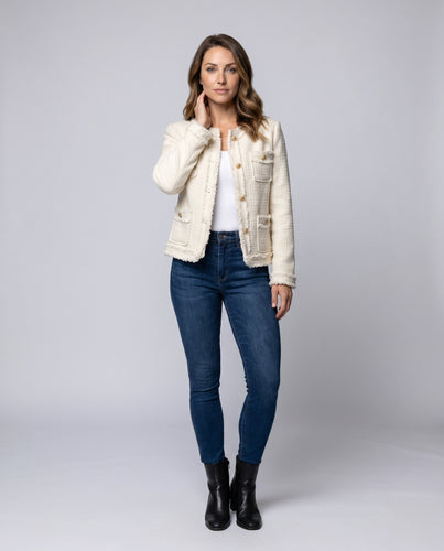 Damen festliche Tweed-Jacke mit Taschen und goldenen Knöpfen