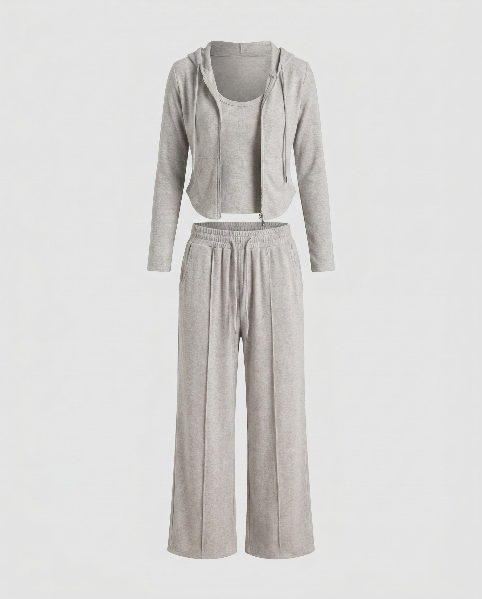 Damen Freizeit-Lounge-Set mit Kapuzenjacke, Tanktop und entspannenden Weitbundhosen