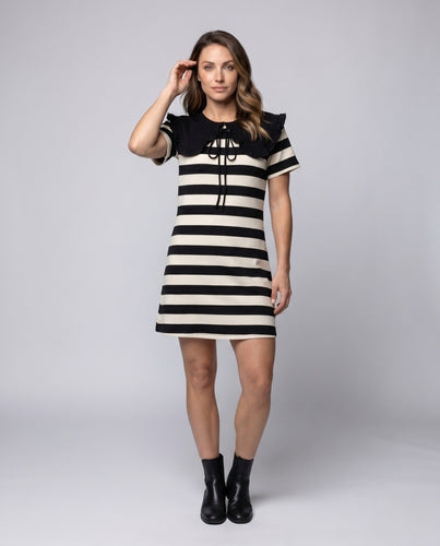 Damen gestreiftes Freizeitkleid mit Rüschenkragen