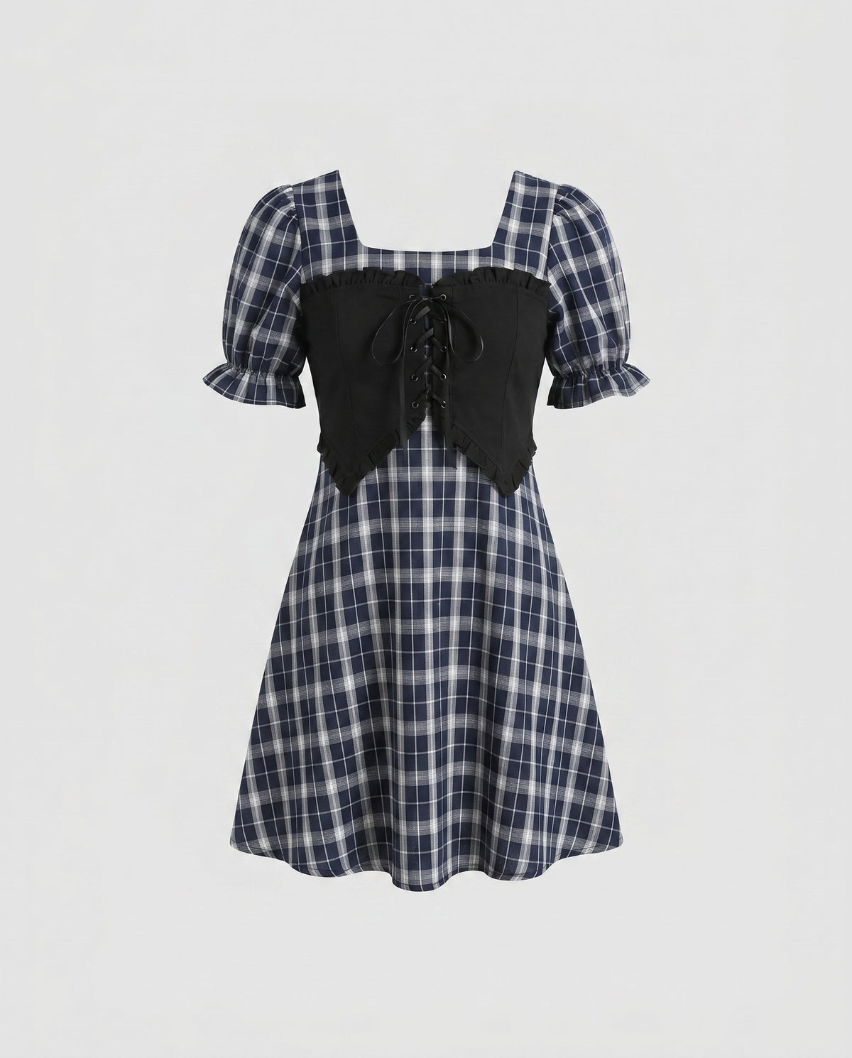 Damen Karierte Kurzarmkleid mit tailliertem Oberteil und verspieltem Schnürdesign