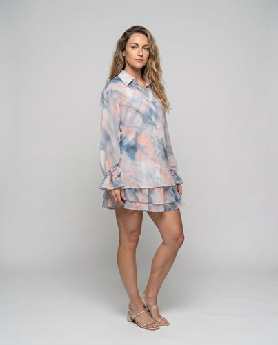 Damen luftiges Blusenset mit voluminösen Ärmeln und plissiertem Rock