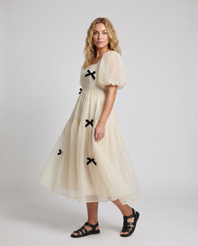 Damen Luftiges Maxikleid mit puffärmeligen Details und verspielten Schleifen
