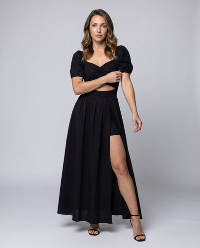 Damen Maxikleid mit Puffärmeln und seitlichem Schlitz