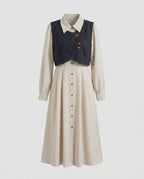 Damen Midi-Blusenkleid mit elegantem Kragen und Knopfleiste
