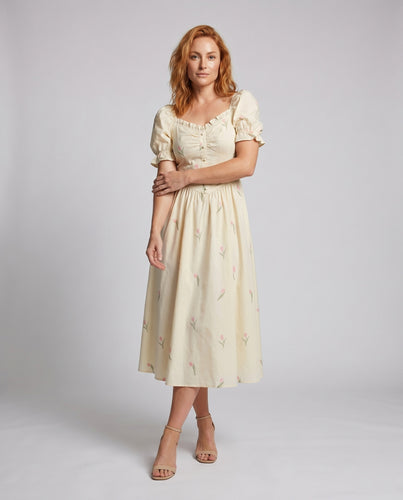 Damen Midikleid mit eleganten Puffärmeln und floralen Stickereien